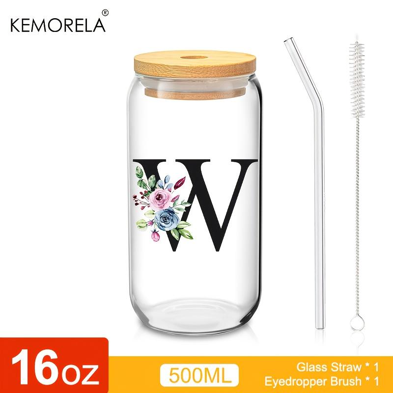 1 STÜCK 24 Buchstaben Glas Trinkbecher mit Bambusdeckel Strohhalm Individuelle Eiskaffeetasse 470ML Klares Mason Jar Bier Smoothie Cocktail