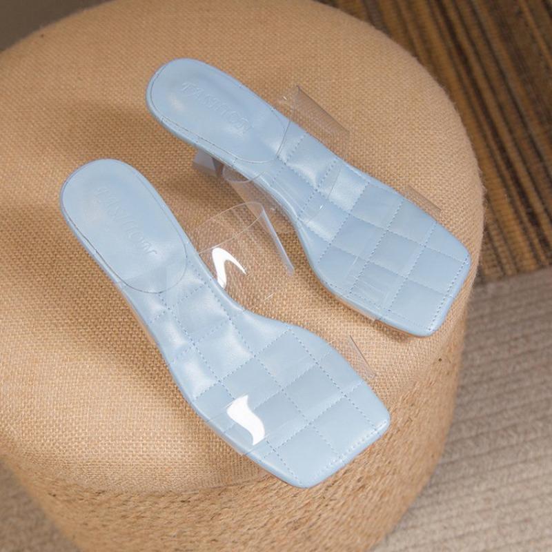 Fashion Summer New Stiletto Slippers Women Fashion Square Head Open Toe Transparent Strap Non-slip Temperament High-heeled Sandals