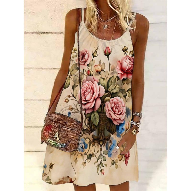 Ladies  Suspender Dress 3D Printed Round Neck Sexy Sleeveless Dress 5XL