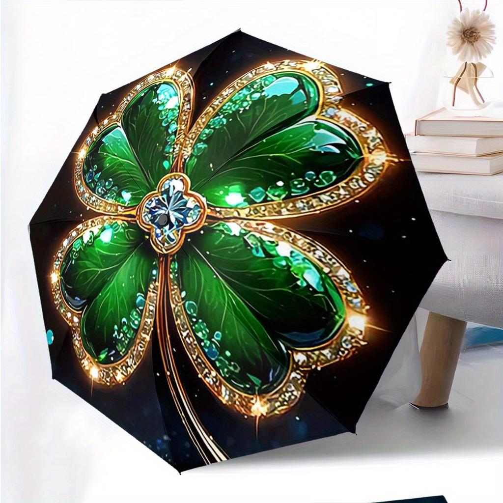 Automatic Folding Umbrella A Jeweled Green Four-Leaf Clover Design. Portable Collapsible Design, Casual Outdoor Accessory, for All Seasons,