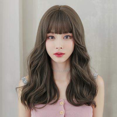 Women's Fashion Front Lace Heat Resistant Fluffy Wig Ladies Daily Use Natural Looking Synthetic Fiber Long Wavy Wig with See Through Bangs