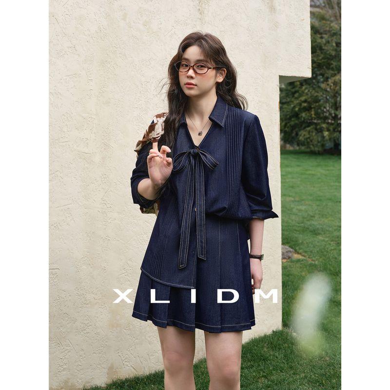 

Xiao Li Plus Size Women s Clothing Highly Recommended! Imitation Denim Suit Removable Bows Shirt Skirt Two-piece Set Vintage Denim Blue Skirt (Ready in Stock) L