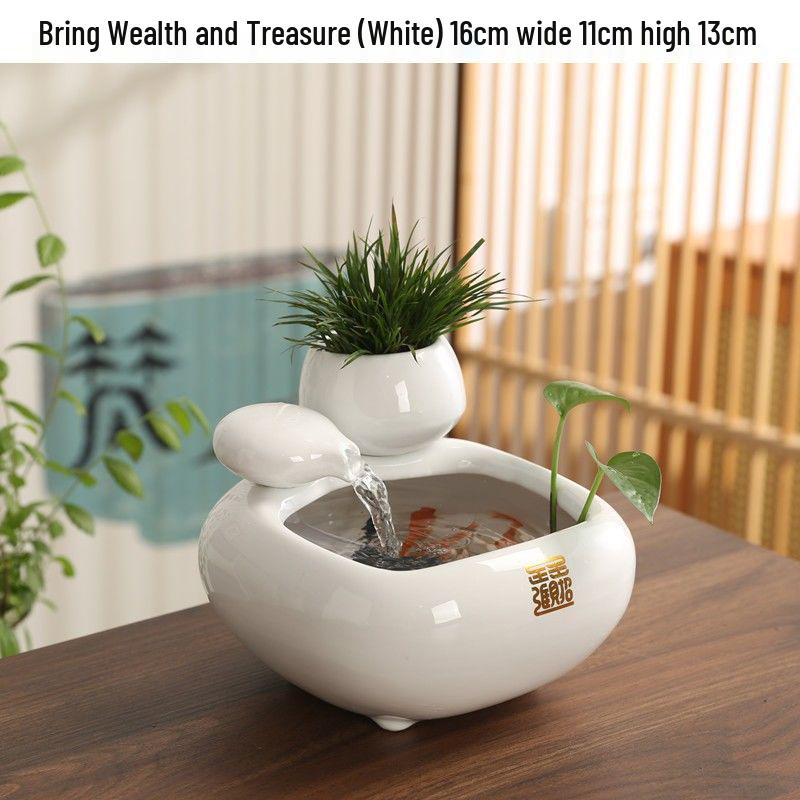 Ceramic Desktop Fish Tank with Automatic Water Circulator and Lucky Cat Ornament