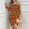 Damen Übergröße Asymmetrisch Cold Shoulder Langarm Afrikanischer Geometrischer Print Unregelmäßiges Wickel Bodycon Midi-Kleid