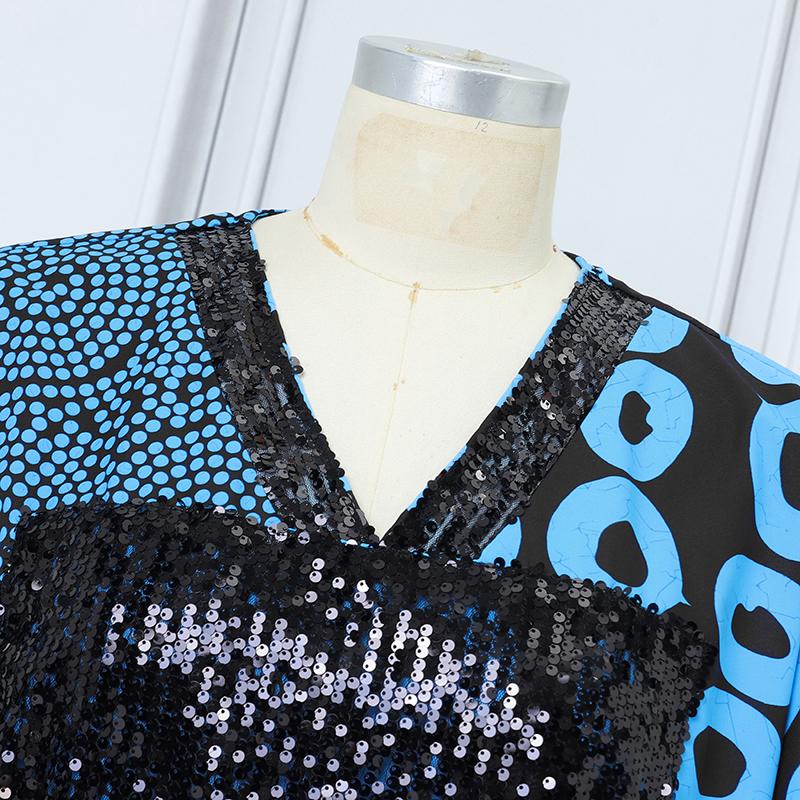 Oversized Women V Neck Half Sleeve Geometric Print Stitching Casual LooseDress