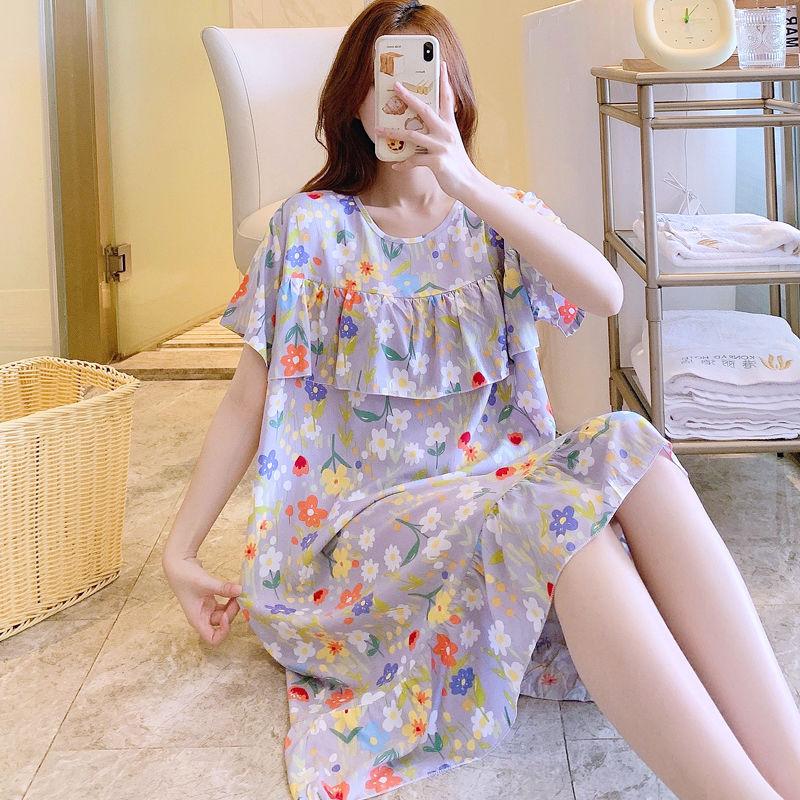 Sleeping Dress for Women In Summer Thin Cotton Silk Short Sleeved Without Chest Pad Home Clothing Knee Length for Outdoor Wear Dress