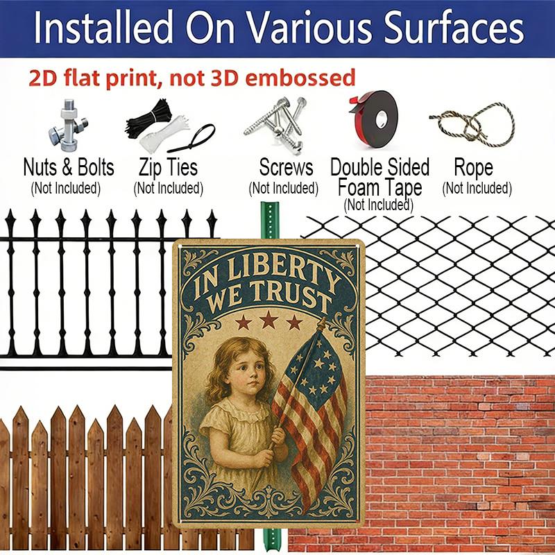 2D Flat - 1pc Liberty Trust Patriotic Aluminum Sign - 8x12 Inch Vintage American Flag & Girl Illustration Wall Art, Durable Reusable Metal Decor for
