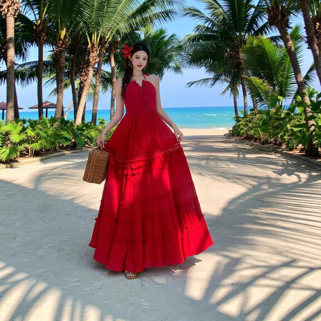 French Beach Dress Vacation Dress Long Dress Sexy Halter Fairy Summer Neck Sling Lace Cake Dress