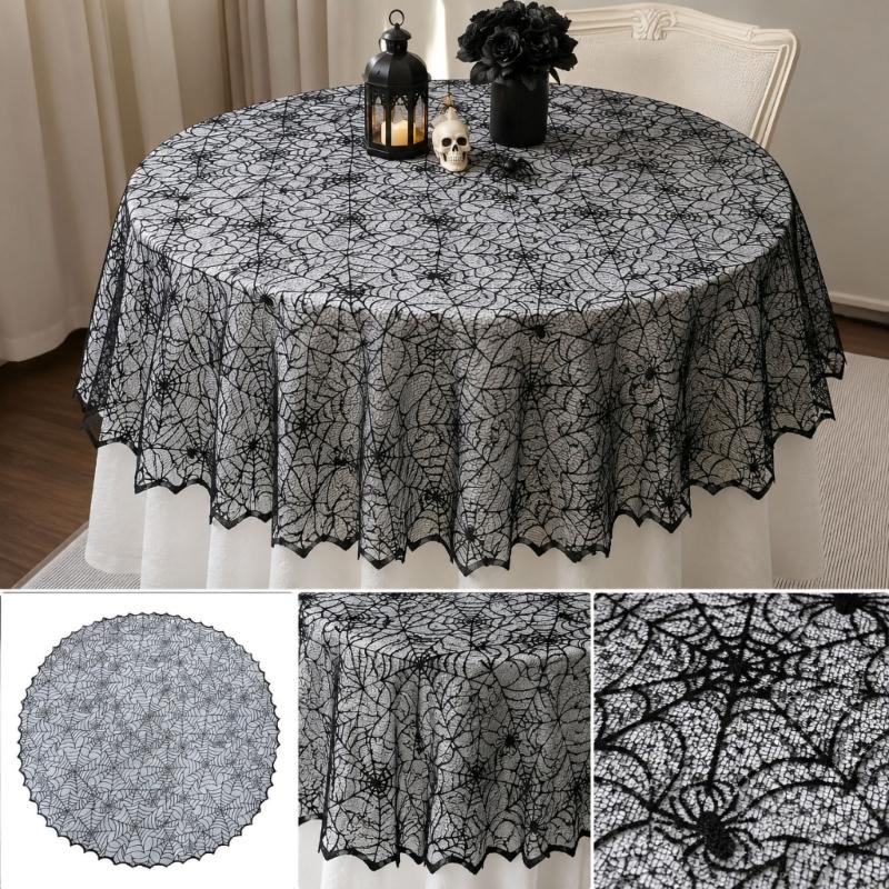 Spiderweb Table Cover for Halloween, Round Black Lace Tablecloth with Soft Fabric Drape for Dessert Display, Entry Table, and Party Decors