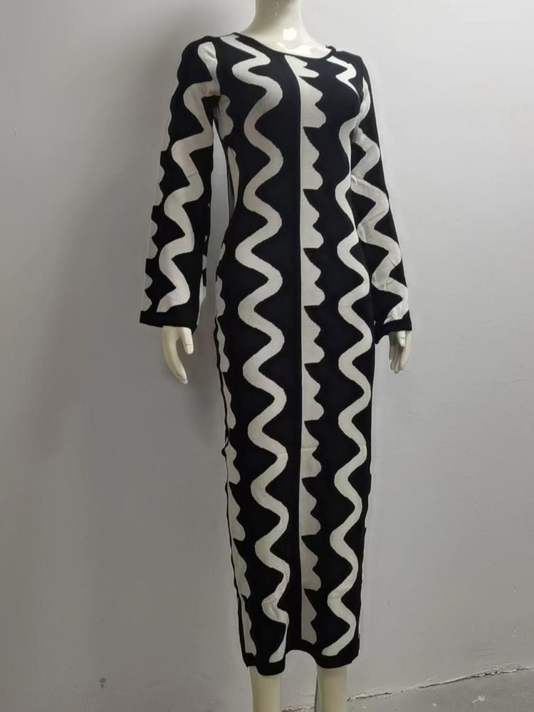 Frauen Gestreiftes Gestricktes Kleid Elegante Oansatz Flare Lange Hülse, Figurbetontes Kleid Damen Mode Streetwear Party Kleider