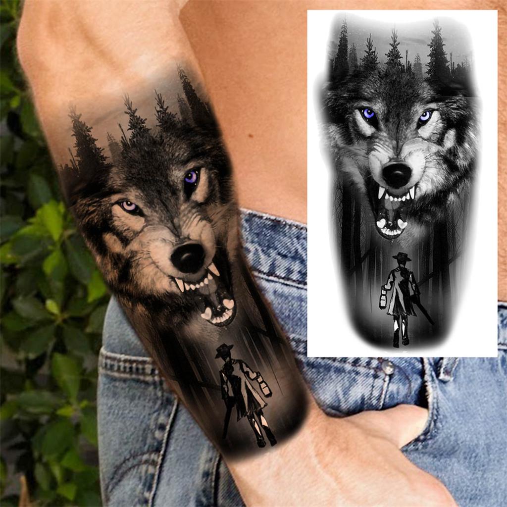 1 Sheet Lion Wolf Skeleton Nun Tiger Black Temporary Tattoos For Men Adult Leg Arm Compass Flower Fake Tattoo Sticker Waterproof