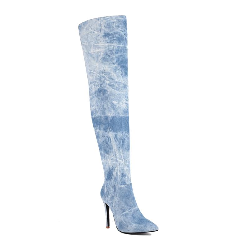 New Blue Denim Over The Knee High Boots Pointed Toe Stiletto High Heels Zipper Long Boots Women's Autumn Winter Shoes Footwear