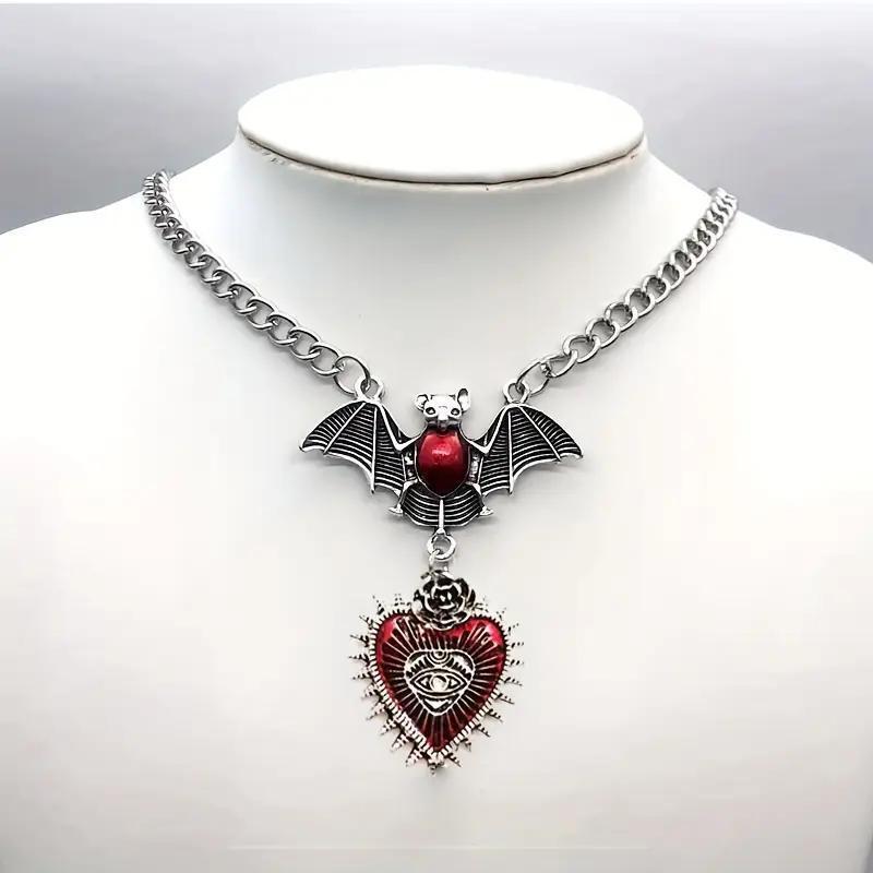 Gothic Vampire Bat Pendant Necklace With Alloy Bloodstone Charm For Women