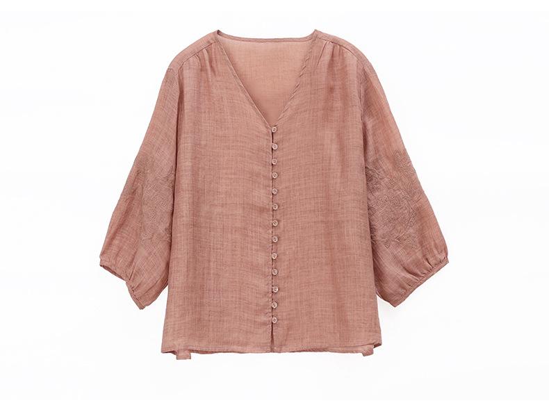 Women's Summer 2025 V-Neck Embroidered Ramie Blouse - Elegant Seven-Sleeve Design for Middle-Aged Ladies
