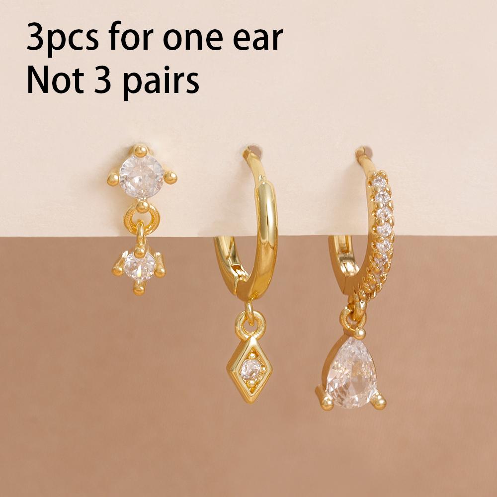 3PCS Stainless Steel Rhombus Pendant Hoop Earrings Set For Women Fashion Simple Zircon 18K Gold Plated Huggie Piercing Jewelry
