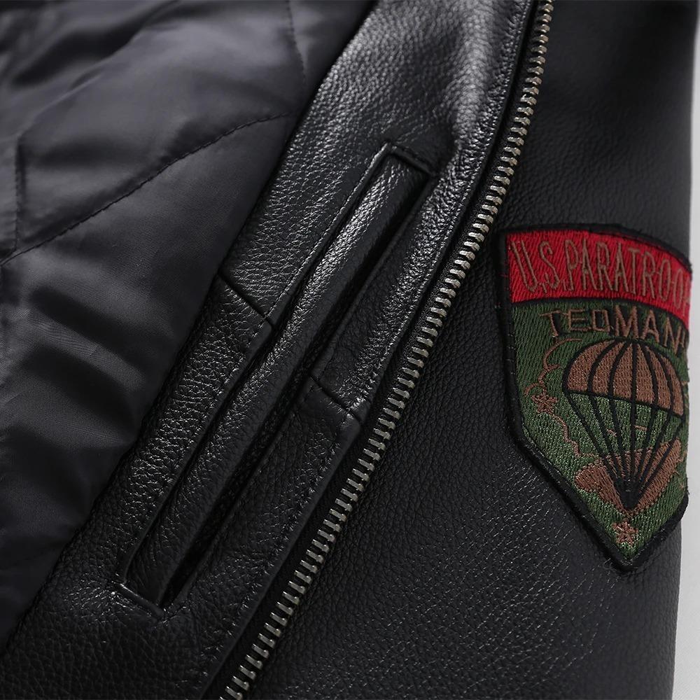 Chinese Size Men Genuine Leather Jacket Quilted Patches100% Cowhide & Natural Fur Collar Flight Coat Aviator Clothing Winter Asian Size M613