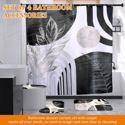 4-teiliges Duschvorhang-Set für das Badezimmer Polyester Wasserdicht Rutschfest Badezimmer-Dekor-Set mit Teppich Badvorleger U-Form Toilettendeckel-Abdeckung