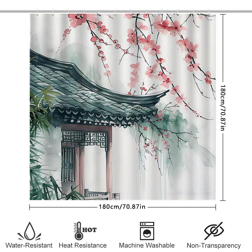

Elegant Asian-Inspired Shower Curtain With Floral And Architectural Design - Waterproof And Durable For Home Bathroom Decor W60H190(CM)-1 Pcs