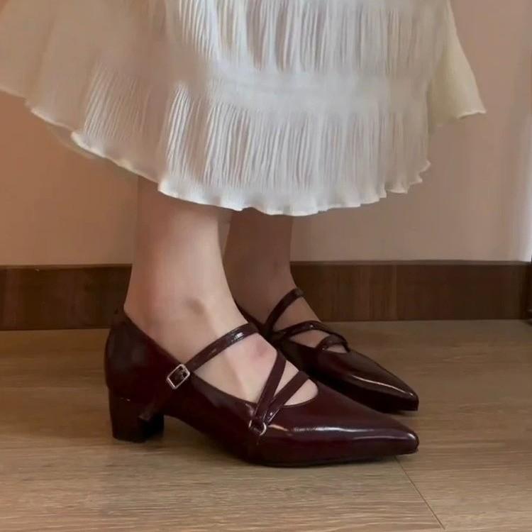 

2025 Весна Осень Женские Туфли Мэри Джейн с Двойной Пряжкой Лакированная Кожа Платье Квадратный Носок Квадратный Каблук Однотонные Туфли 35 бордовый