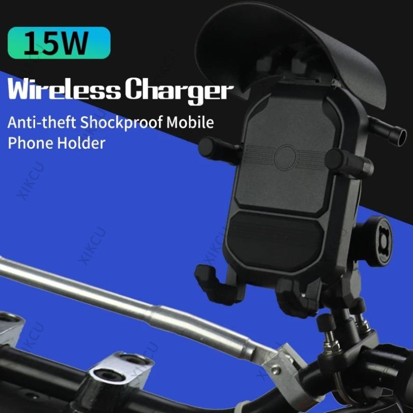Shockproof Bicycle Motorcycle Phone Holder with Shading and Rainproof Shield 15W Wireless Charger for Smartphone Motorbike Stand