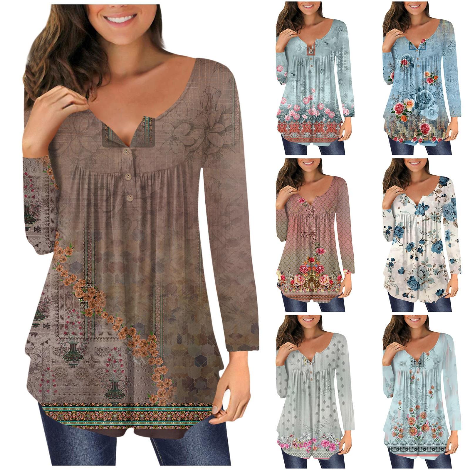 

Женские свободные топы с длинными рукавами, повседневные топы больших размеров, летние плиссированные топы на пуговицах с принтом для женщин