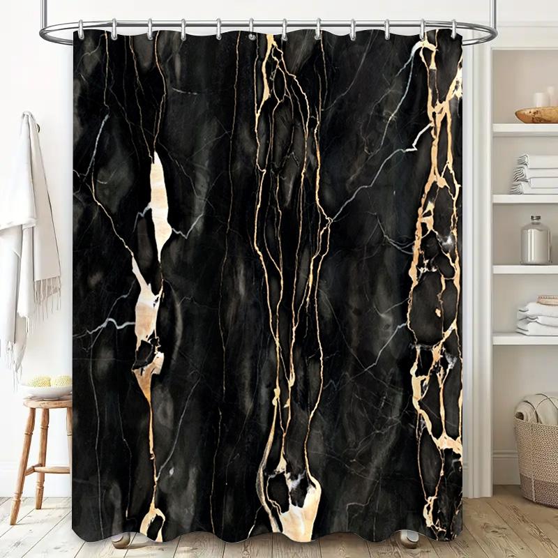 Black Marble Shower Curtain with Golden Veins Decorative Waterproof Bath Mat for Home Bathroom Size Customizable