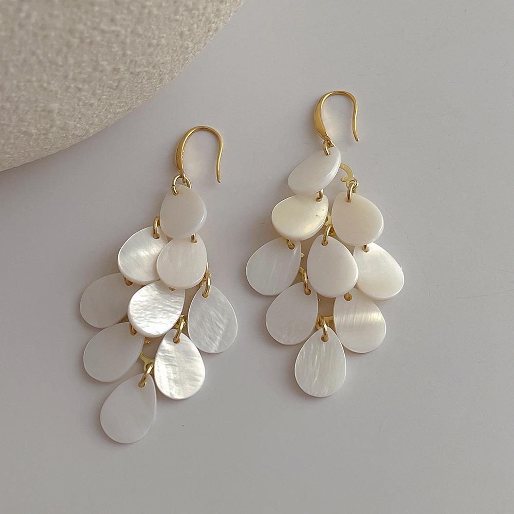 Korean-Style Water Drop Shell Tassel Earrings for Women