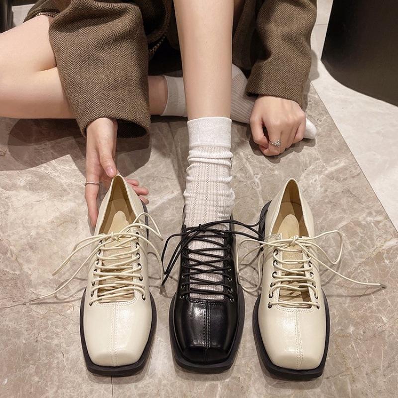 French square head Mary Jane small leather shoes spring niche large size high heels retro thick heel ballet shoes