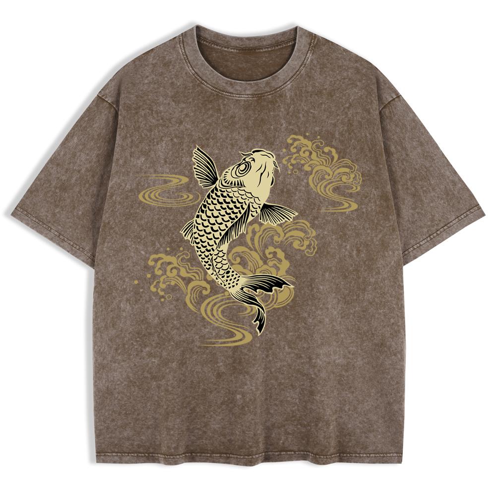 Paper Cut Koi Good Luck Prints Washed T-Shirts Mens Cotton Short Sleeve Tops Basic O-Neck Oversized T Shirt Clothes