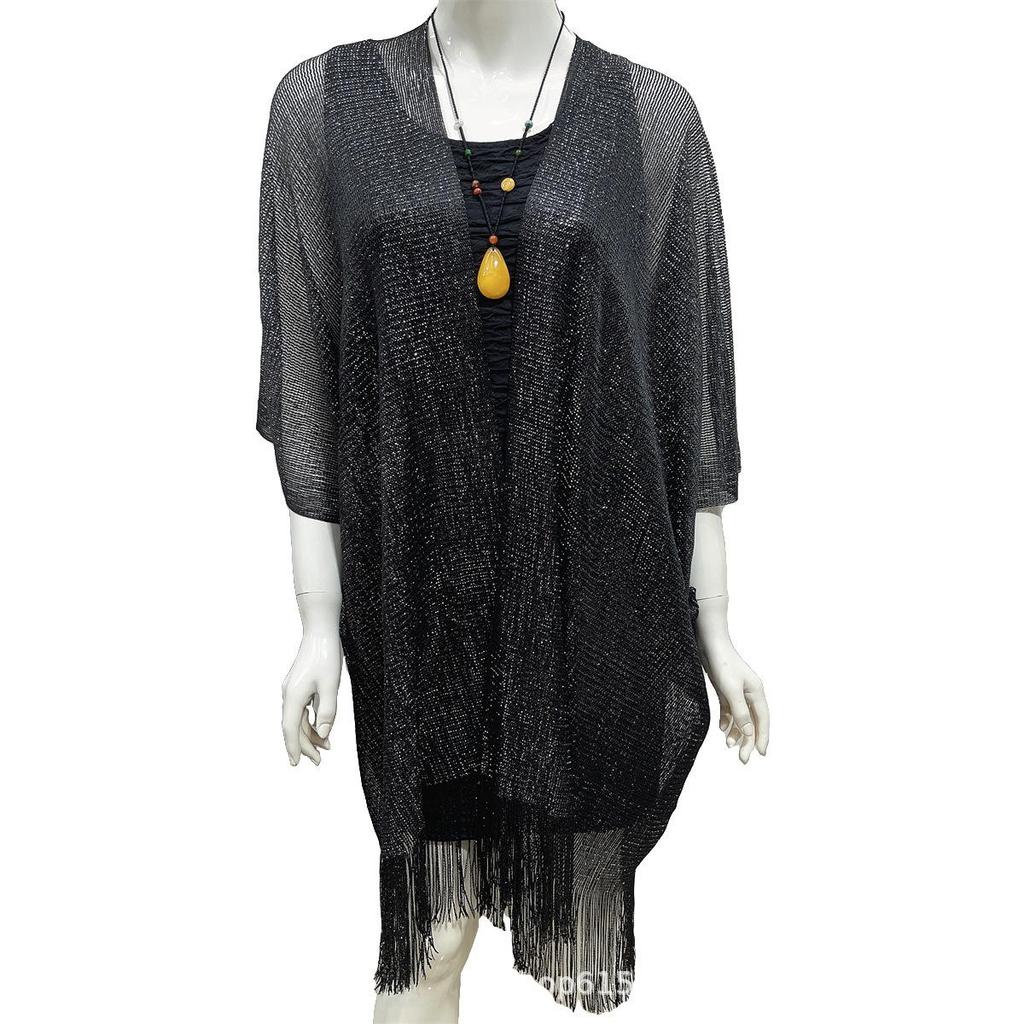European-Style Women's Gold Thread Shawl: Thin, Evening Wear, Decorative Tassels, Hollow-Out Design, Silk Sun Protection Scarf