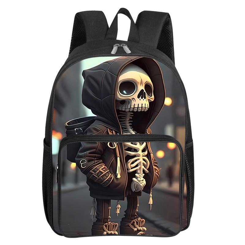Sac à dos carré avec poche avant motif personnage squelette pour garçons et filles Meilleurs cadeaux Sacs d'école dessin animé plat 2D pour enfants