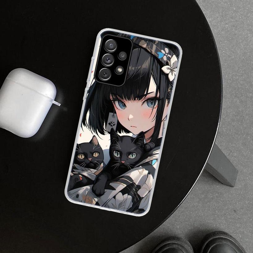Anime Girls Cute Black Cat Phone Case Cover for Samsung Galaxy A12 A22 A32 A52 A72 A02S A51 A50S A31 A20S A10S Note 20 Ultra 10