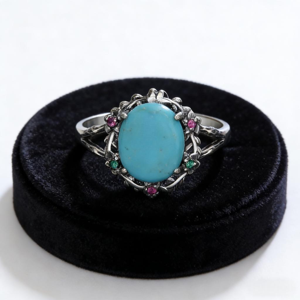 Vintage Botanical Turquoise Ring, 9x11MM Natural Stone and Zirconia Set In Engraved Floral CopperBand for Women