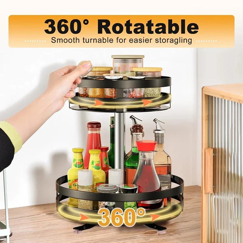 360°Rotation Spice Rack Organizer Non-Skid Carbon Steel Storage Tray for Seasonings and Spices Jar Cans Home Kitchen Accessories