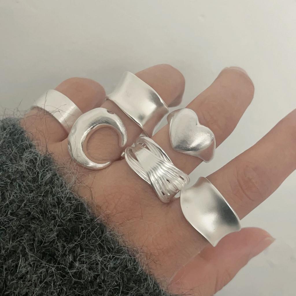 925 Silver Rings for Women Couple Minimalist Handmade Simple Wide Moon Ring Set Party Jewelry Gift Prevent Allergy