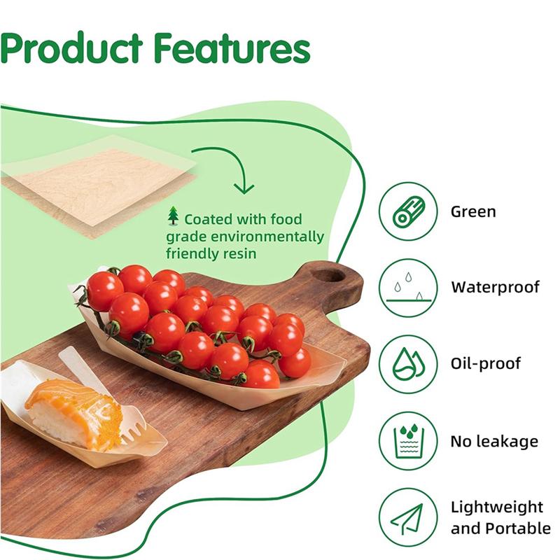 B97A-100 Set Wooden Disposable Food Trays Dessert Plates Boat Plates Food Boats Disposable Plates