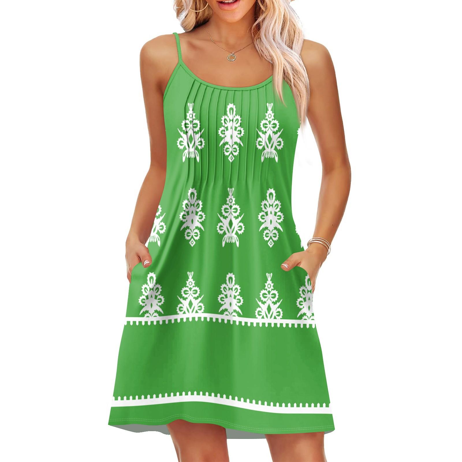 

Модное женское летнее платье с винтажным цветочным принтом, регулируемые бретельки для пляжного отдыха, повседневное платье с карманами XL зелёный