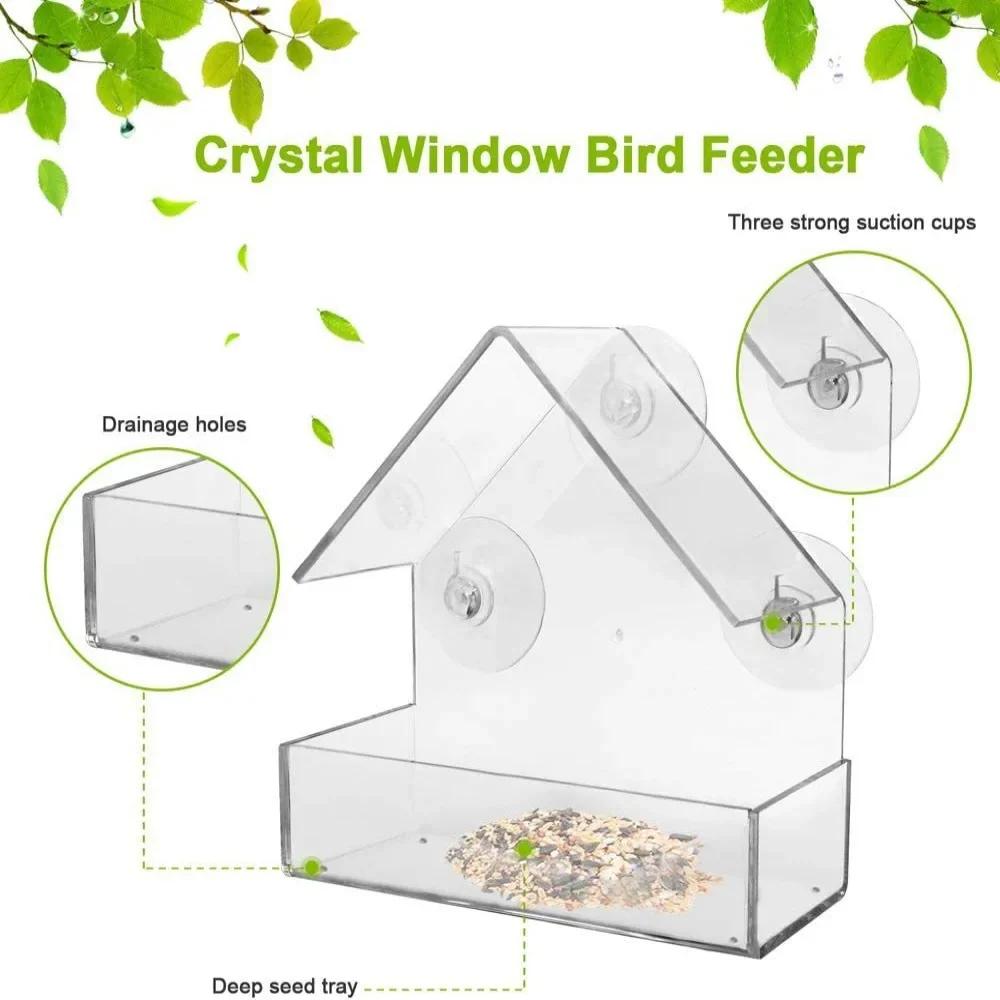 Acrylic Clear Glass Window Birds Hanging Feeder Birdhouse Food Feeding House Table Seed Peanut Suction Cup