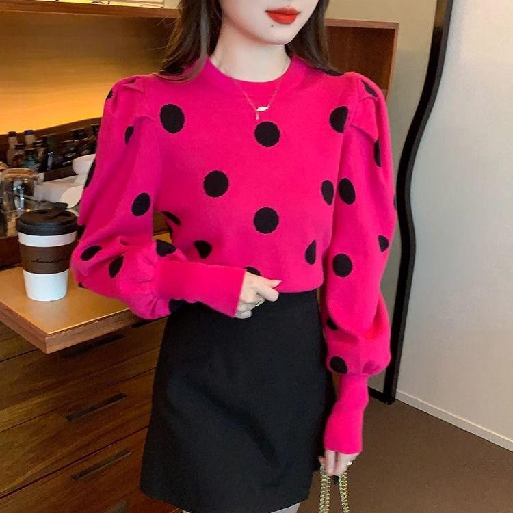 Autumn Polka Dot Puff Sleeve Knit Sweater - Slim, Versatile, Round Neck Style