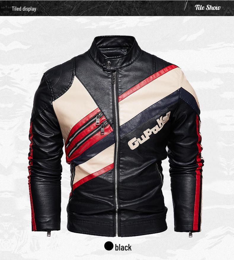 Men's Cross-Border Fashion Slim Fit Motorcycle Jacket with Patchwork & Zipper