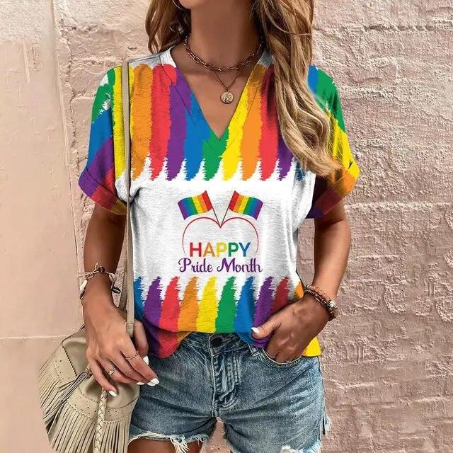 Women'S T-Shirt 3d Rainbow Color Print Tops Tees Fashion Casual V-Neck Pride Month Clothing Summer Lady Oversized Pullovers