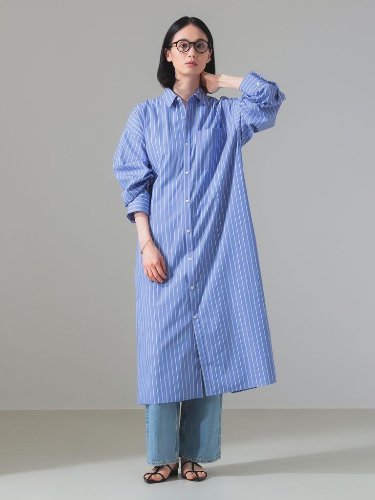 Beams Shirt Blue One Size Demi-Luxe Women's Back-Open Dress, Stripe,