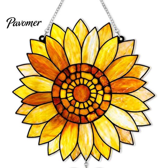 Stained Glass Style Decor Sunflower Pendant, Floral Wall Hanging Art with Metal Theme Party Gift Chain, Acrylic Ornament for Home Garden Window Porch