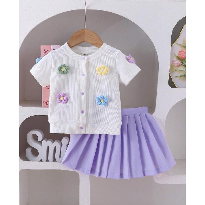

Spring and Summer Girls Knitted Three-Dimensional Flower Short-Sleeved Cardigan + Rose Red Pleated Skirt Set 2-3Y фіолетовий