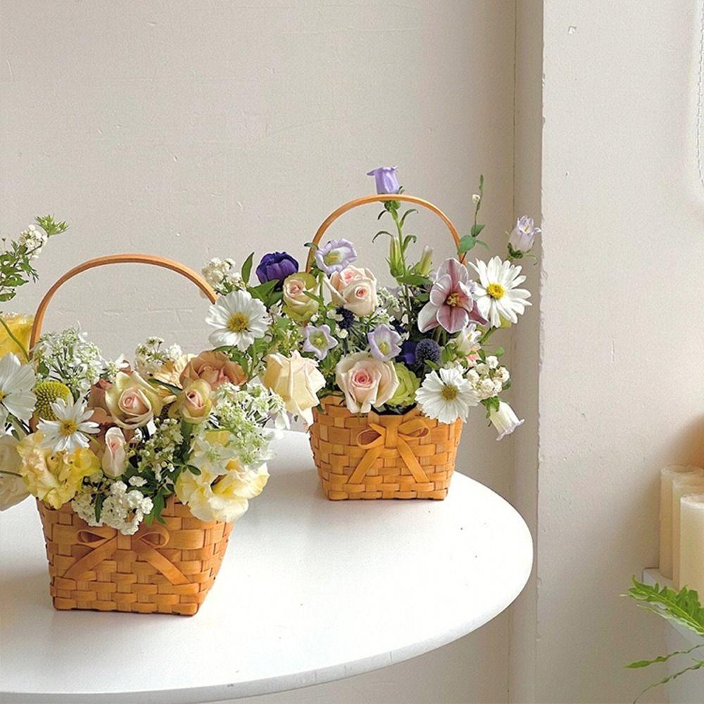 Willow Rattan Bride Flower Basket Hand-Woven Flower Arrangement Basket Sundries Organizer  Wedding