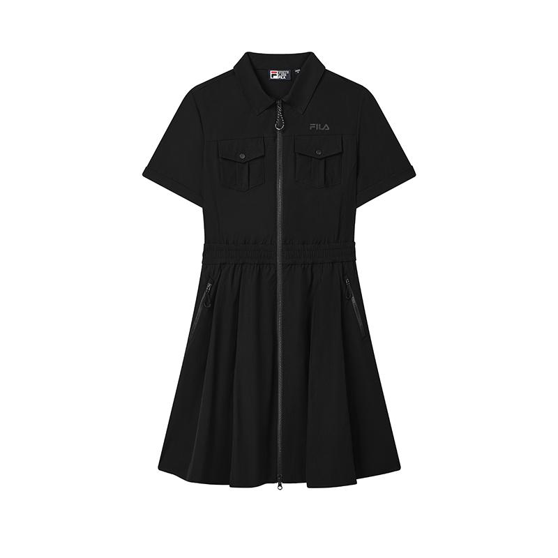 Fila Original Fashionable Comfortable Versatile Casual Short Sleeve Dress Women Dresses Black F11W529301F-BK