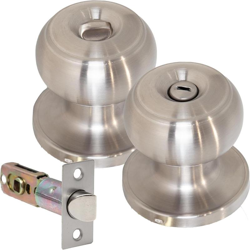 Privacy Knob Set Satin Chrome, Keyless Door Knob with Lock for Internal Wooden Bathroom Doors, Complete Set with Tubular Latch