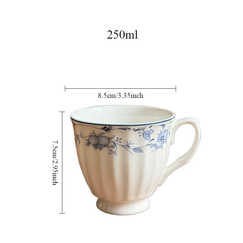 

Винтажная синяя маленькая чашка из костяного фарфора с цветочным рисунком 250 мл - Керамическая кофейная чашка с вертикальным узором, чайная чашка, посуда для микроволновой печи 1pc