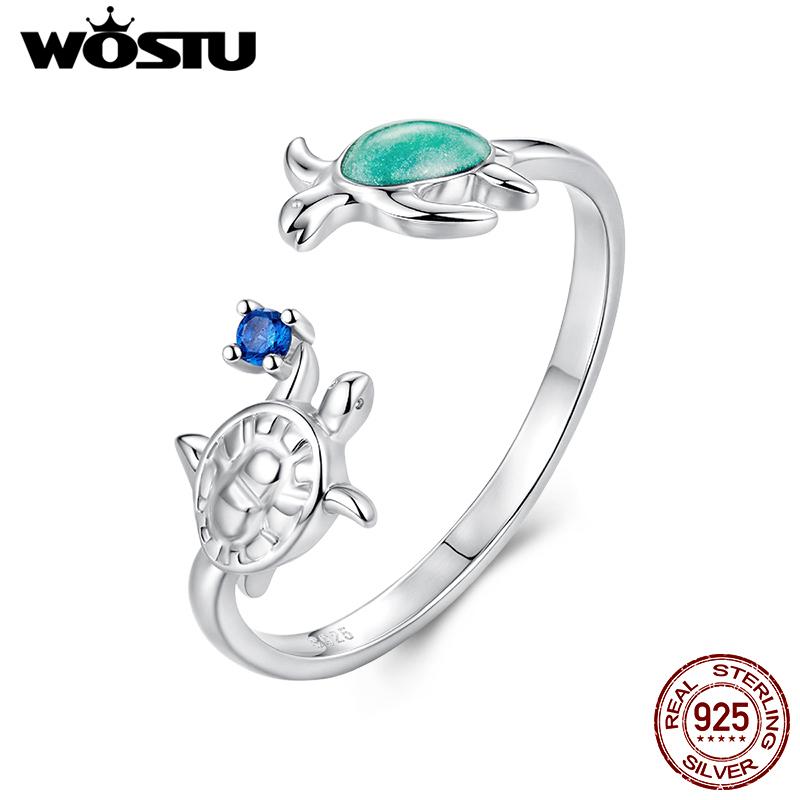 WOSTU 925 Sterling Silber Doppel Schildkröten Ring Für Frauen Meeres Tier Verstellbare Ringe Schmuck für Frauen Natur Fans Urlaube