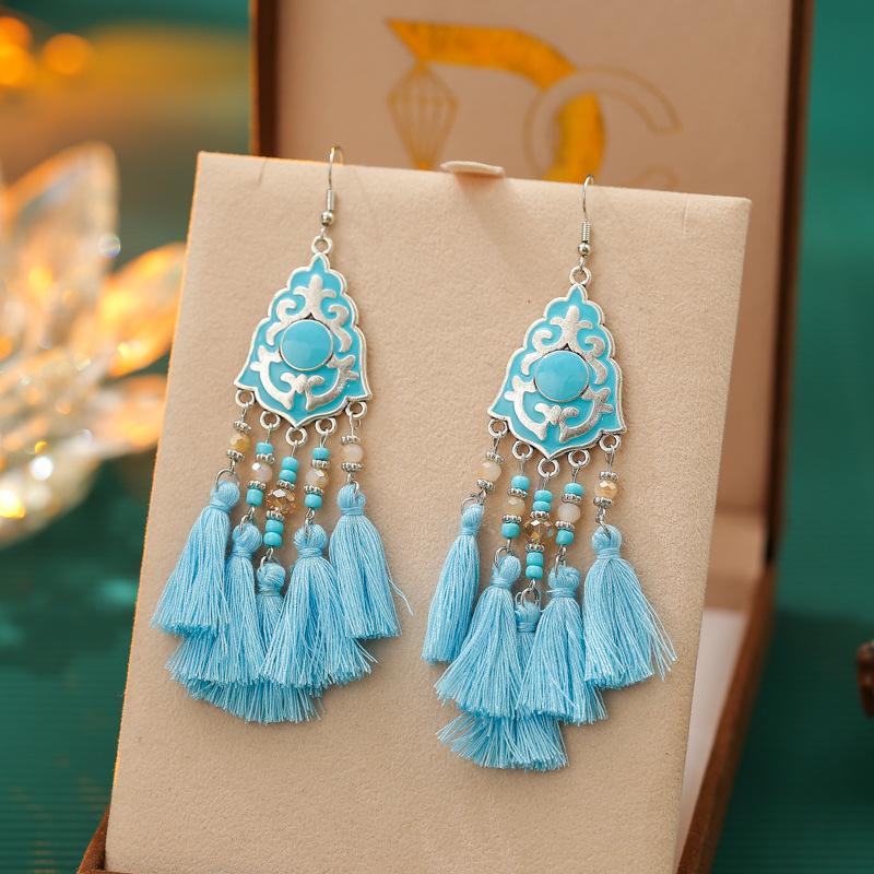 Ethnic Bohemian Tassel Earrings For Women Geometric Enamel Crystal Beads Handmade Long Vintage Female Drop Dangle Earrings Gift